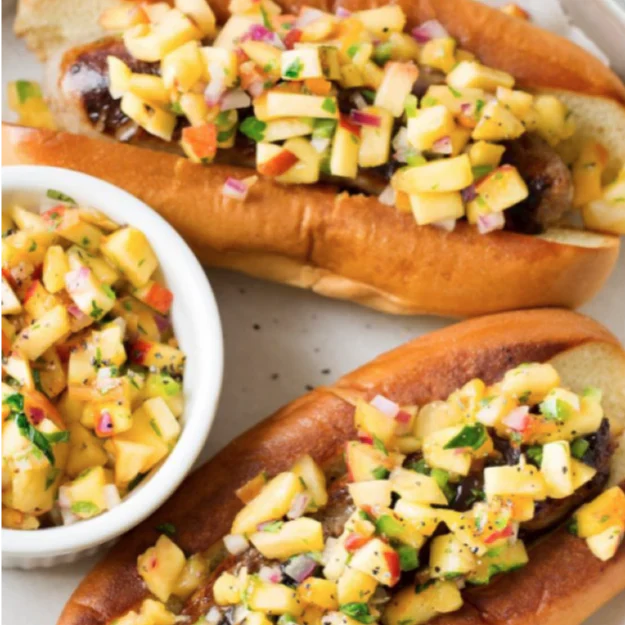 Grilled Brats with spicy peach salsa