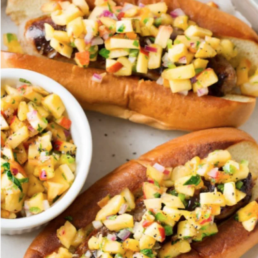 Grilled Brats with spicy peach salsa